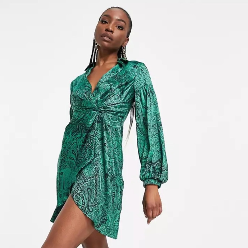 TopShop Paisley Print Wrap Satin Dress, Green
